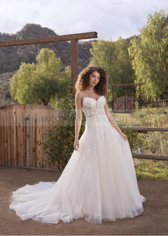 Beaded Spaghetti Straps Ivory Lace Tulle Dreamy Wedding Dress